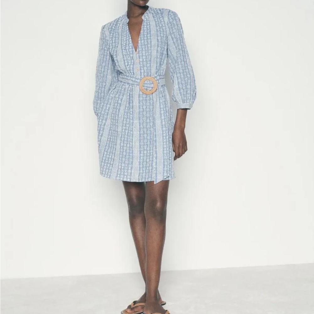 ZARA Crochet Daisy Blue &‎ White Gingham Rattan Belted Mini Dress Size Med
